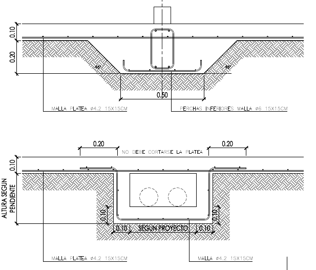 Plano de ingeniería de las vigas de encadenado y el canal sanitario de una platea de hormigón 
                         armado de Steel Frame